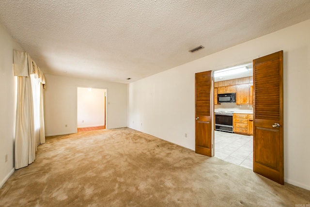 empty room featuring a textured ceiling and light colored carpet