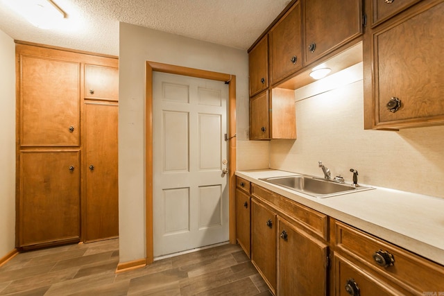 kitchen with a textured ceiling, sink, and dark hardwood / wood-style flooring