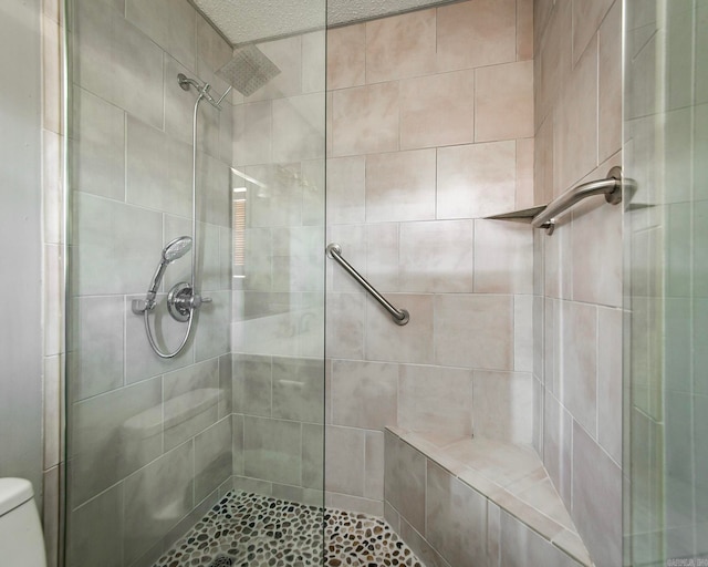 bathroom with toilet, a textured ceiling, and a shower with shower door