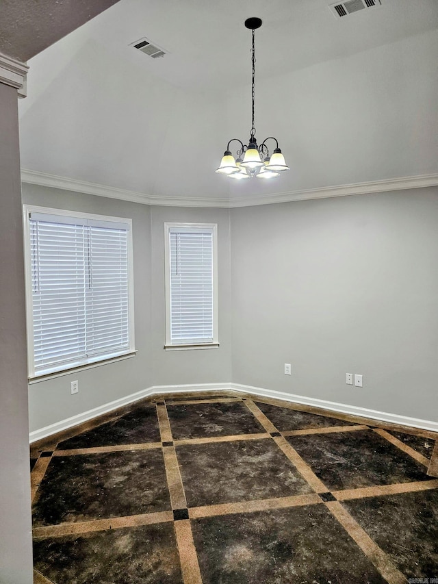 spare room featuring ornamental molding, visible vents, a notable chandelier, and baseboards