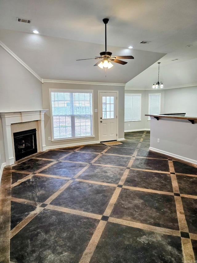 unfurnished living room featuring recessed lighting, visible vents, baseboards, a tiled fireplace, and crown molding