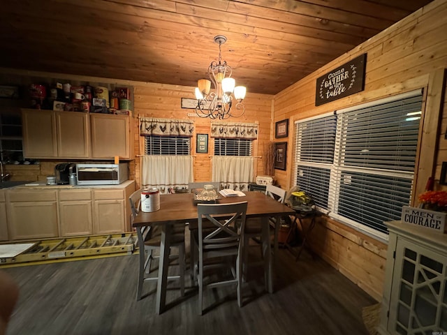 dining room with wood ceiling, a chandelier, wooden walls, and dark hardwood / wood-style flooring