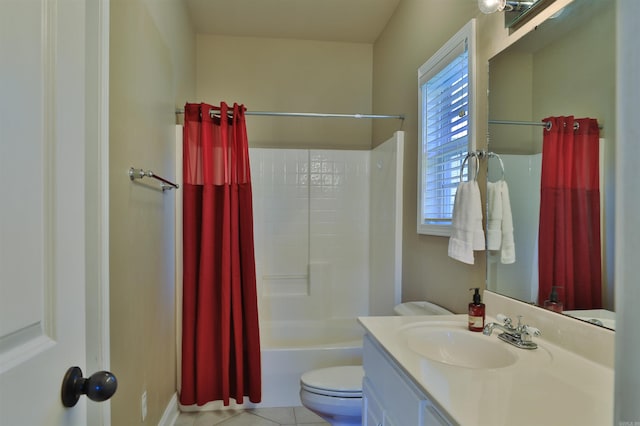 full bathroom featuring vanity, tile patterned floors, shower / bath combination with curtain, and toilet