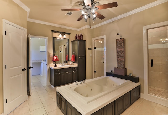 bathroom featuring vanity, crown molding, tile patterned floors, and independent shower and bath