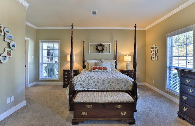 bedroom featuring light carpet and crown molding