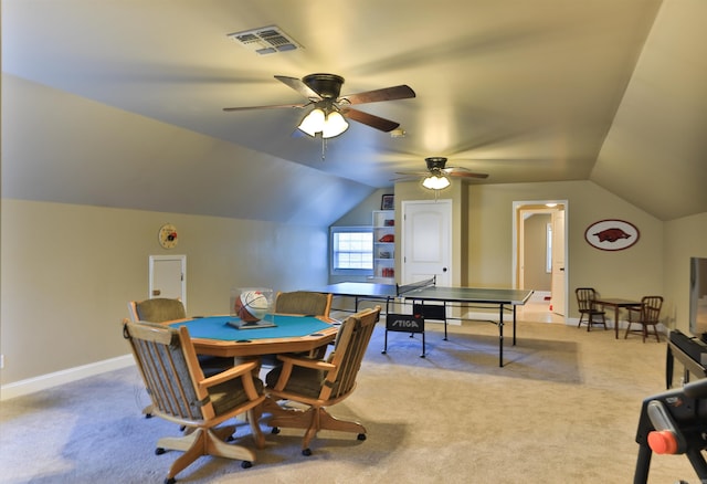 playroom featuring vaulted ceiling, light colored carpet, and ceiling fan