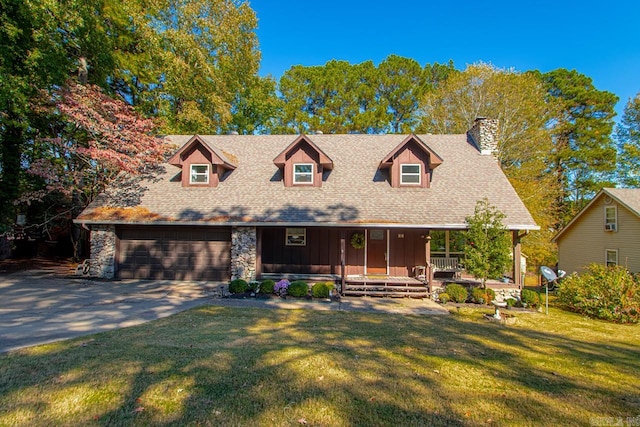 cape cod-style house with a front yard, a porch, and a garage