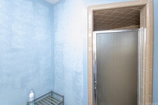 bathroom featuring a shower with door