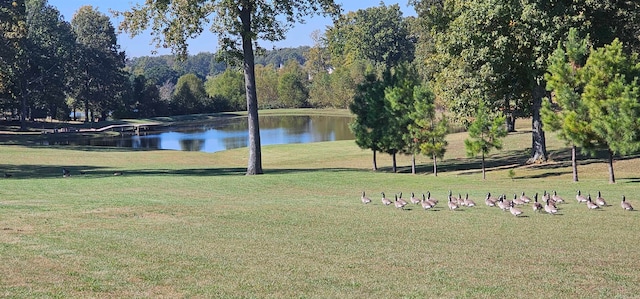 view of home's community with a water view and a lawn