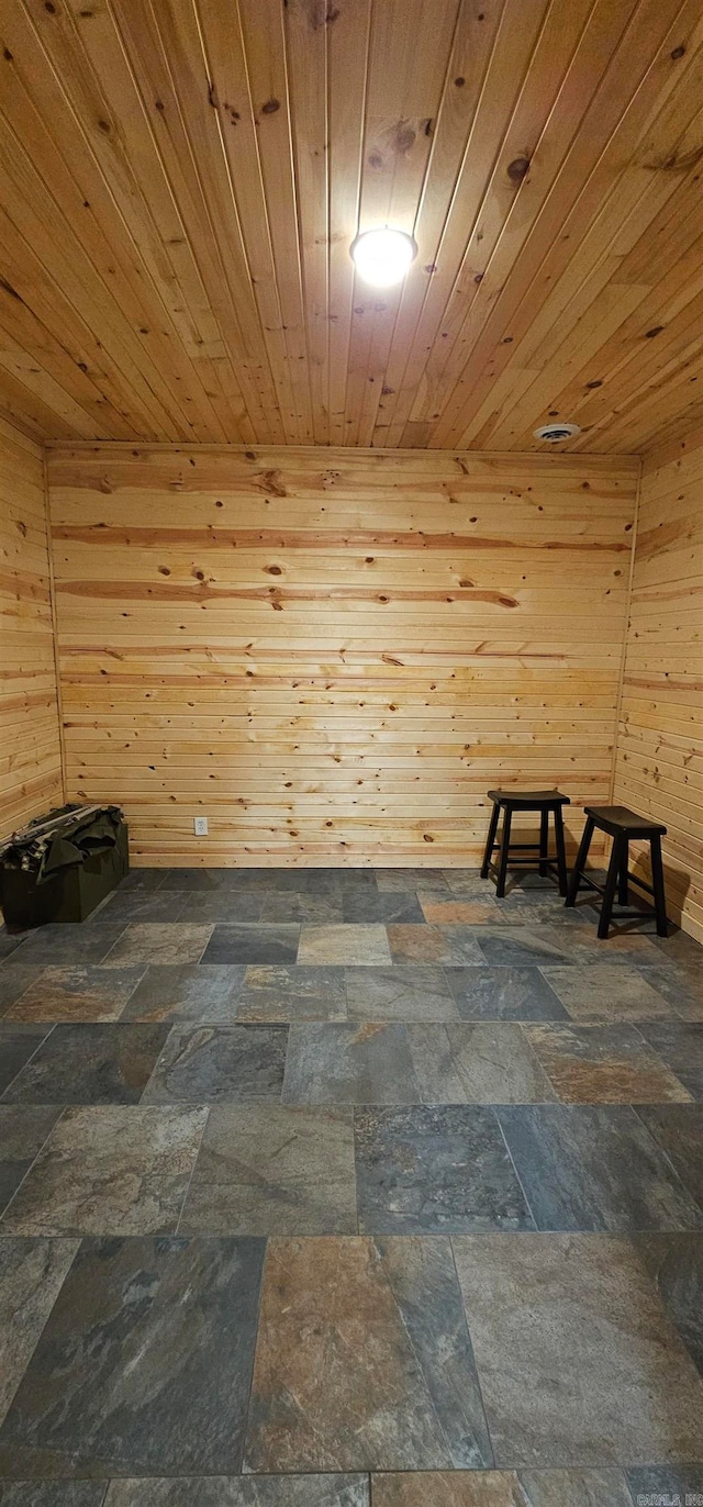 interior space featuring wood walls and wooden ceiling