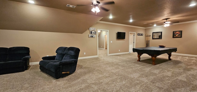 rec room with ceiling fan, ornamental molding, and light colored carpet