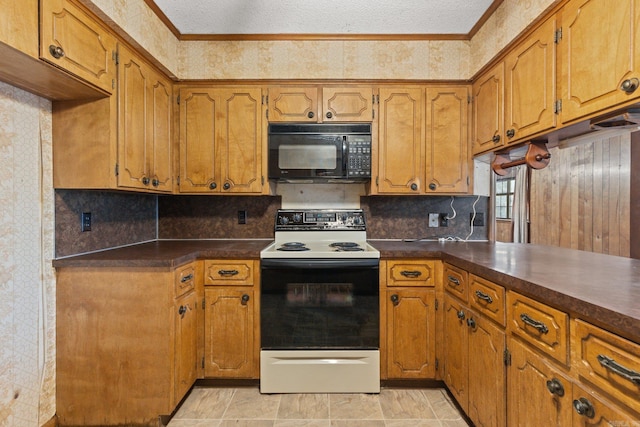 kitchen with crown molding, white electric stove, a textured ceiling, and decorative backsplash