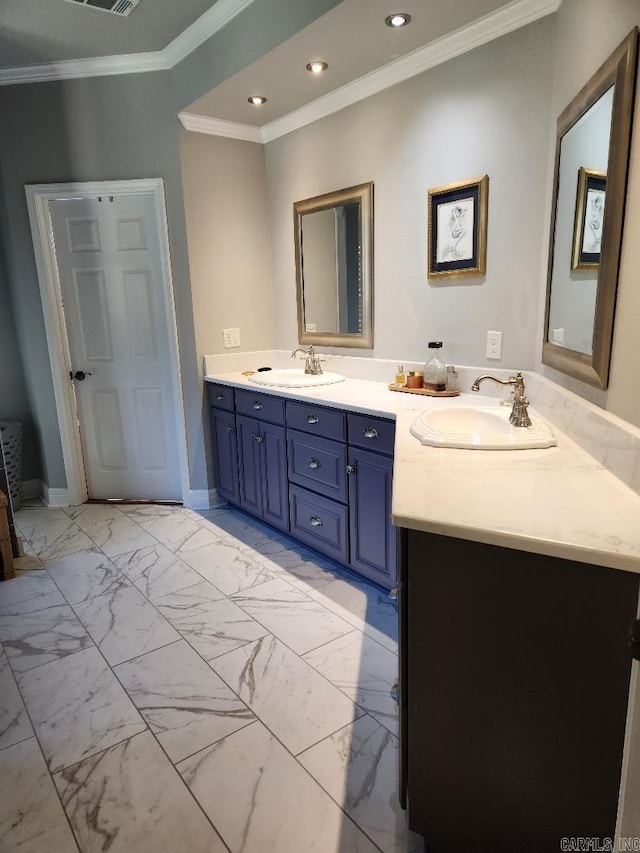 bathroom with vanity and crown molding