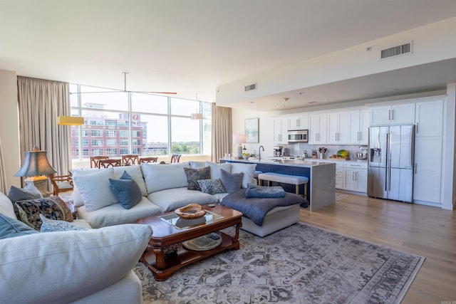 living room featuring sink and wood-type flooring