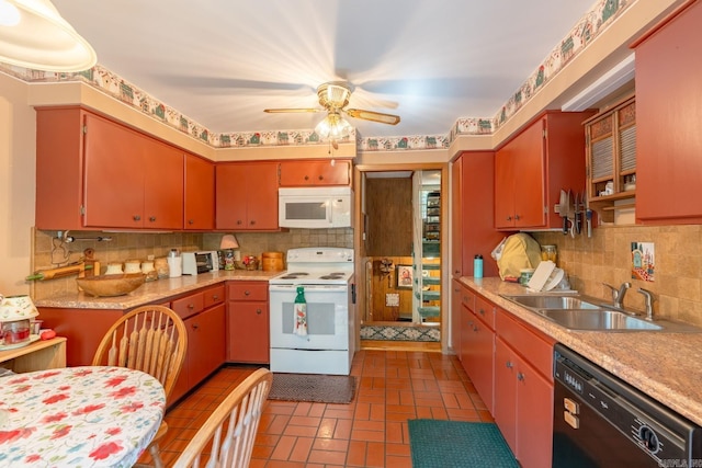 kitchen with sink, ceiling fan, white appliances, and tasteful backsplash