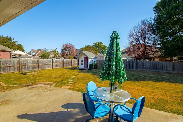 view of yard featuring a patio and a storage unit