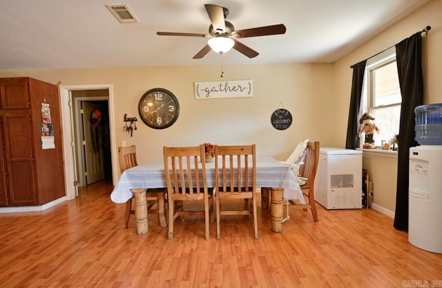 dining area with light hardwood / wood-style floors and ceiling fan