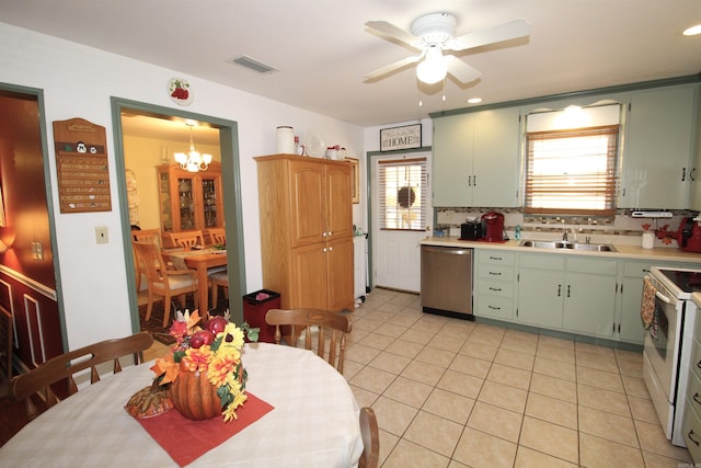 kitchen featuring white range with electric stovetop, light countertops, visible vents, stainless steel dishwasher, and a sink