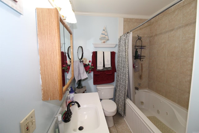 full bathroom with sink, toilet, tile patterned floors, crown molding, and shower / bathtub combination with curtain