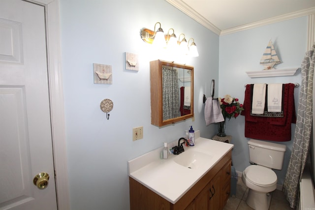 bathroom featuring vanity, toilet, ornamental molding, and tile patterned flooring