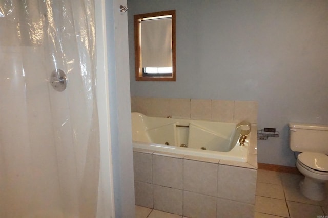 bathroom with toilet, independent shower and bath, and tile patterned floors