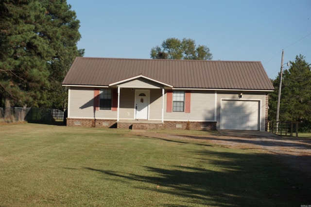 ranch-style home featuring a garage and a front lawn