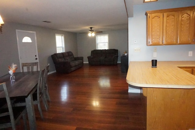 kitchen with kitchen peninsula, ceiling fan, and dark hardwood / wood-style flooring