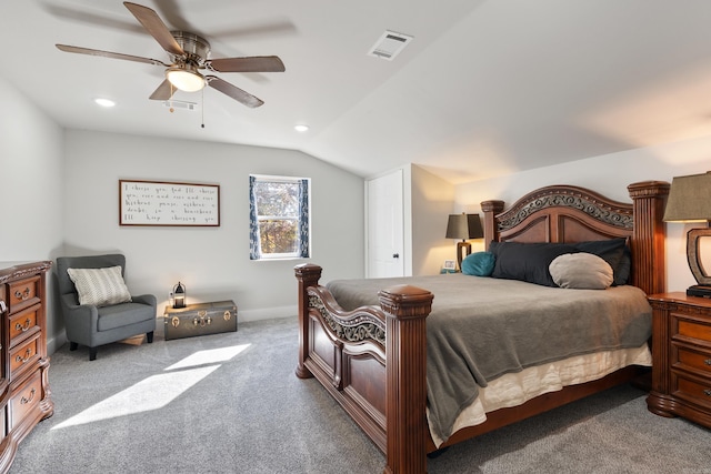 carpeted bedroom featuring lofted ceiling and ceiling fan