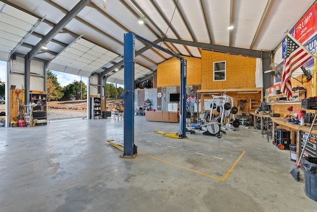 garage with a workshop area