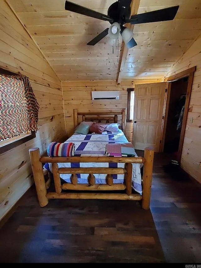 bedroom featuring vaulted ceiling, dark hardwood / wood-style flooring, wooden walls, and ceiling fan