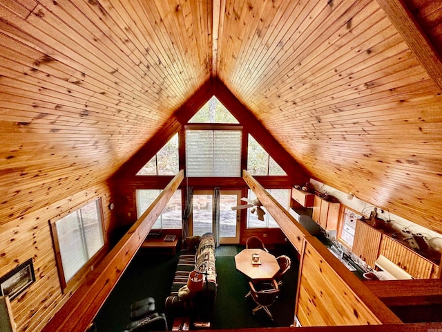 interior space featuring wood walls, wooden ceiling, and vaulted ceiling