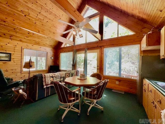 dining space with ceiling fan, wooden ceiling, dark carpet, wood walls, and a skylight