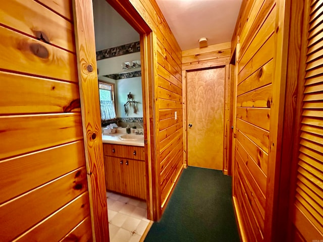 corridor with sink and wooden walls