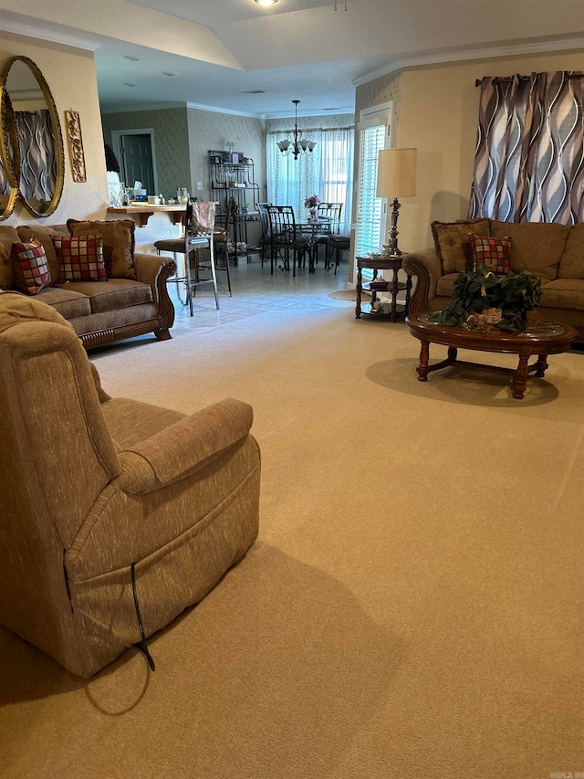 living room featuring an inviting chandelier and carpet