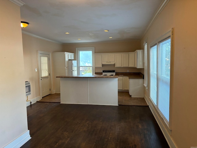 kitchen with a wealth of natural light, dark wood-type flooring, white cabinets, and white appliances