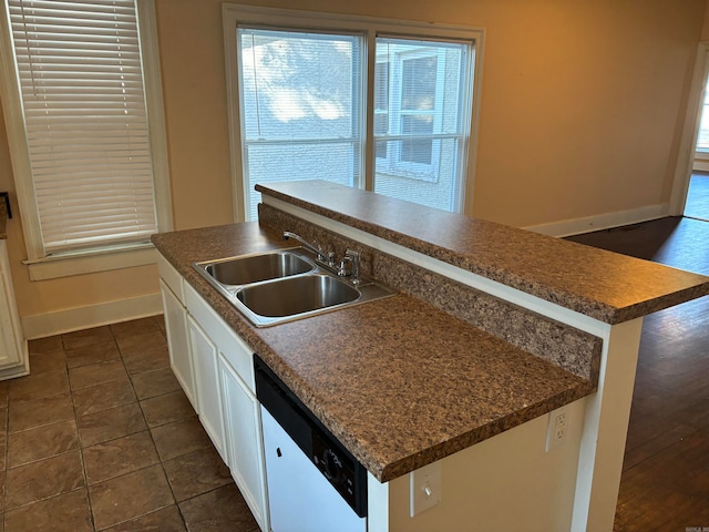 kitchen with dark tile patterned floors, an island with sink, white dishwasher, sink, and white cabinets