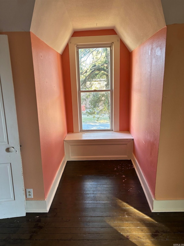 additional living space featuring lofted ceiling and dark hardwood / wood-style flooring