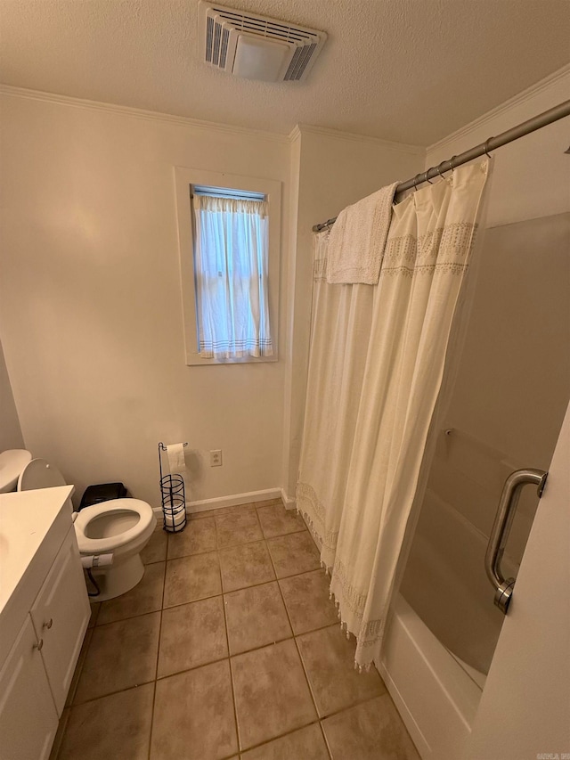 full bathroom with shower / tub combo, toilet, vanity, crown molding, and tile patterned flooring