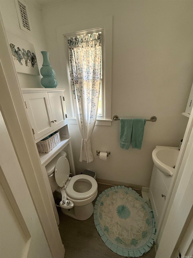 bathroom featuring vanity, hardwood / wood-style flooring, and toilet