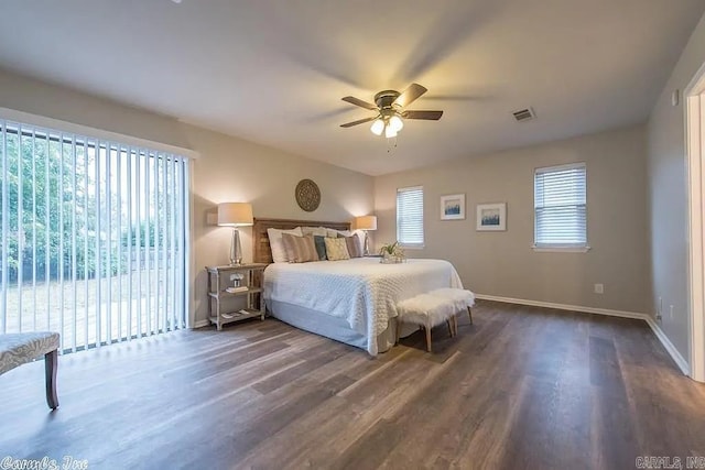 bedroom with dark wood-type flooring, access to exterior, and ceiling fan