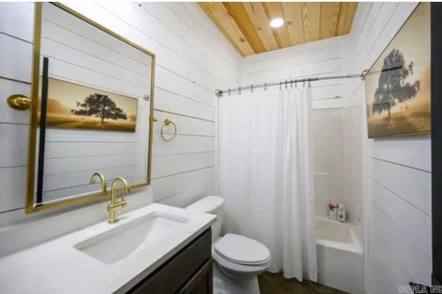 full bathroom with wooden walls, toilet, vanity, shower / tub combo, and wooden ceiling