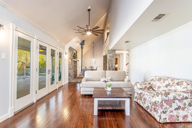 living room featuring ceiling fan, high vaulted ceiling, wood-type flooring, crown molding, and french doors