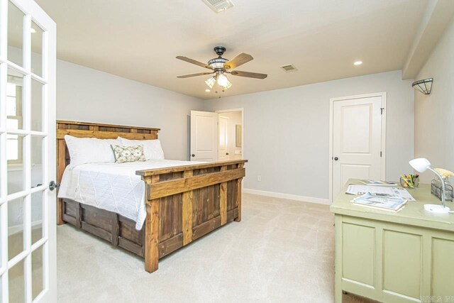 bedroom featuring recessed lighting, visible vents, light carpet, baseboards, and ceiling fan