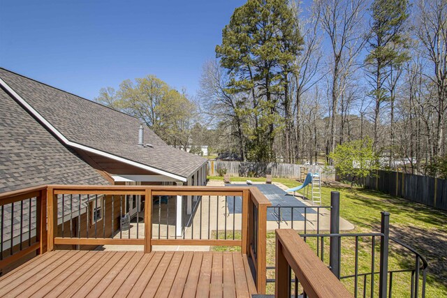 wooden deck featuring a lawn and a fenced backyard