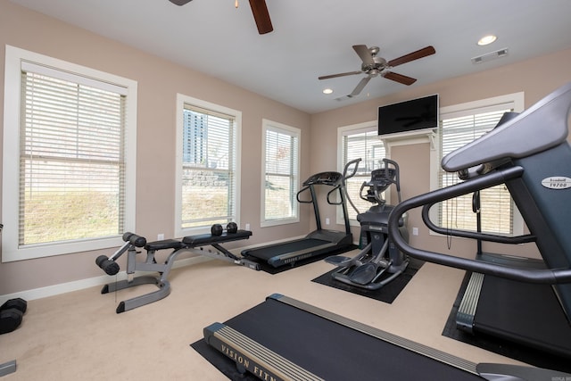 exercise room featuring carpet floors, plenty of natural light, and ceiling fan