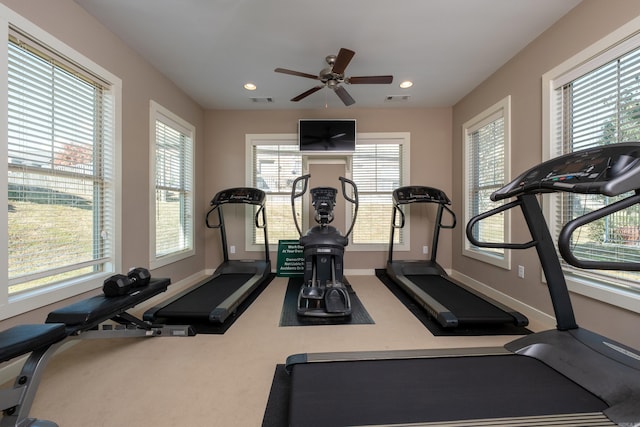 exercise room with carpet and ceiling fan