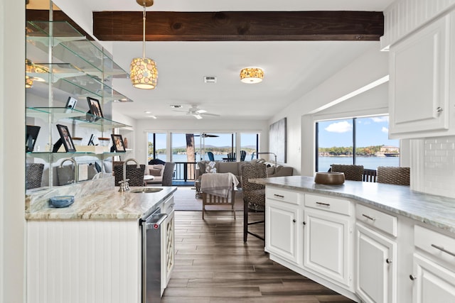 kitchen featuring hanging light fixtures, plenty of natural light, and white cabinets