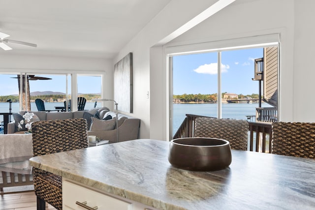 dining space featuring a water view, hardwood / wood-style flooring, and ceiling fan