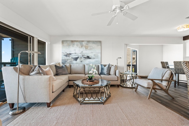 living room featuring ceiling fan and hardwood / wood-style floors