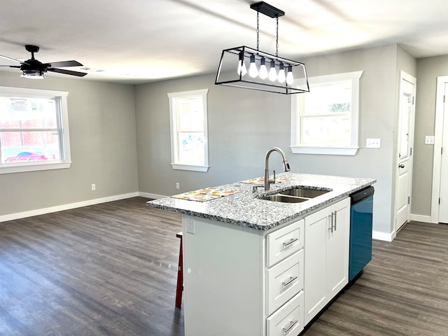 kitchen with white cabinets, sink, hanging light fixtures, and plenty of natural light